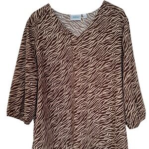 National Zebra Print Blouse Womens XL Brown Tan 3/4 Sleeve V-Neck Safari Top